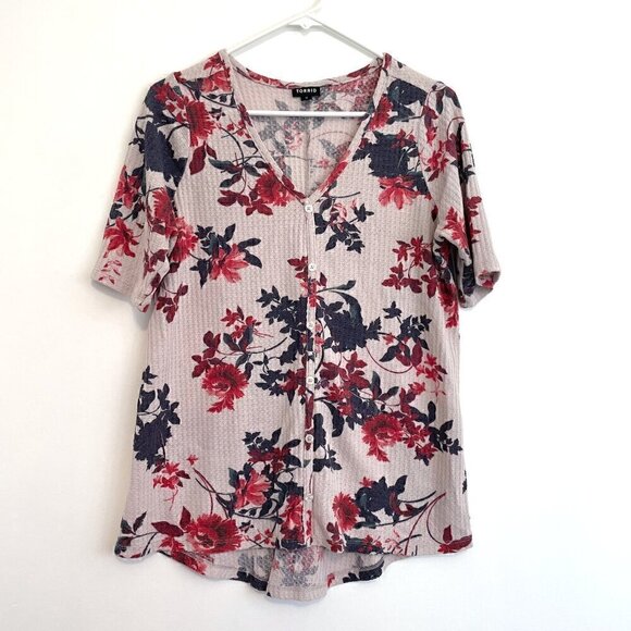 TORRID 0 Plus Size Favorite Tunic Waffle V-Neck Faux Button Front Hi-Lo Floral L - Picture 2 of 13